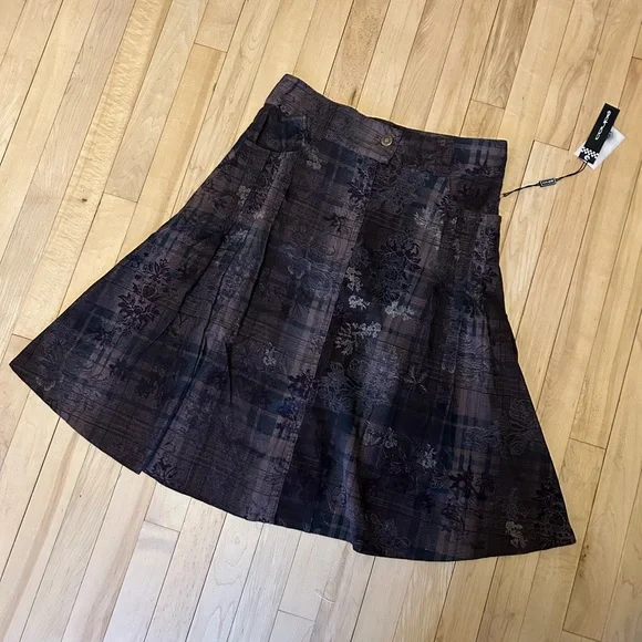 Floral and Plaid Corduroy A-Line Skirt in Dark Purple - Picture 1 of 7